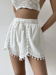 Soleia Quần đùi nữ Dây kéo POM Pom màu trơn Boho - trắng - Xem 6
