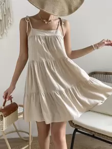 SHEIN VCAY Vestido de tirantes de hombros con cordón bajo con fruncido - Albaricoque - Ver 1