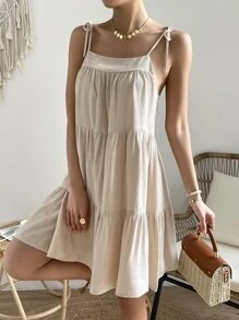 SHEIN VCAY Vestido de tirantes de hombros con cordón bajo con fruncido - Albaricoque - Ver 4