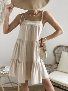 SHEIN VCAY Vestido de tirantes de hombros con cordón bajo con fruncido - Albaricoque - Ver 5