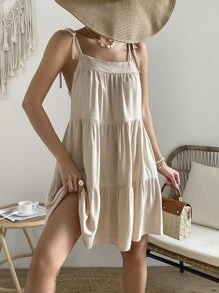 SHEIN VCAY Vestido de tirantes de hombros con cordón bajo con fruncido - Albaricoque - Ver 6