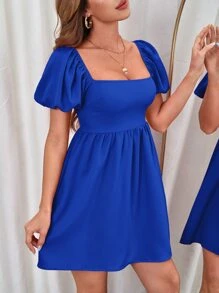 SHEIN VCAY Puff Sleeve Square Neck Backless Dress - Royal Blue - View 5