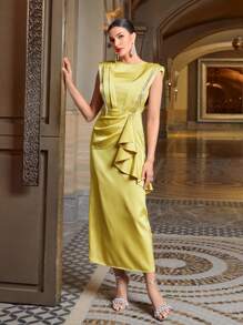 Modelyn Ruffle Trim Draped Front Contrast Sequin Dress - Yellow - View 5