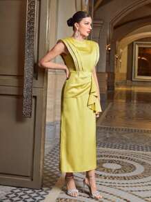 Modelyn Ruffle Trim Draped Front Contrast Sequin Dress - Yellow - View 10