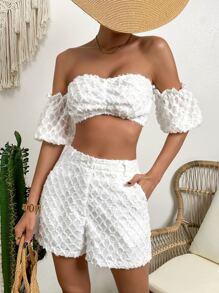 SHEIN VCAY Solid Off Shoulder Crop Top & Shorts