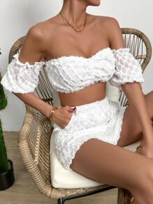SHEIN VCAY Solid Off Shoulder Crop Top & Shorts