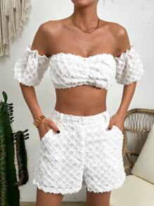 SHEIN VCAY Solid Off Shoulder Crop Top & Shorts