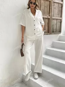 Solid Button Front Shirt & Wide Leg Pants