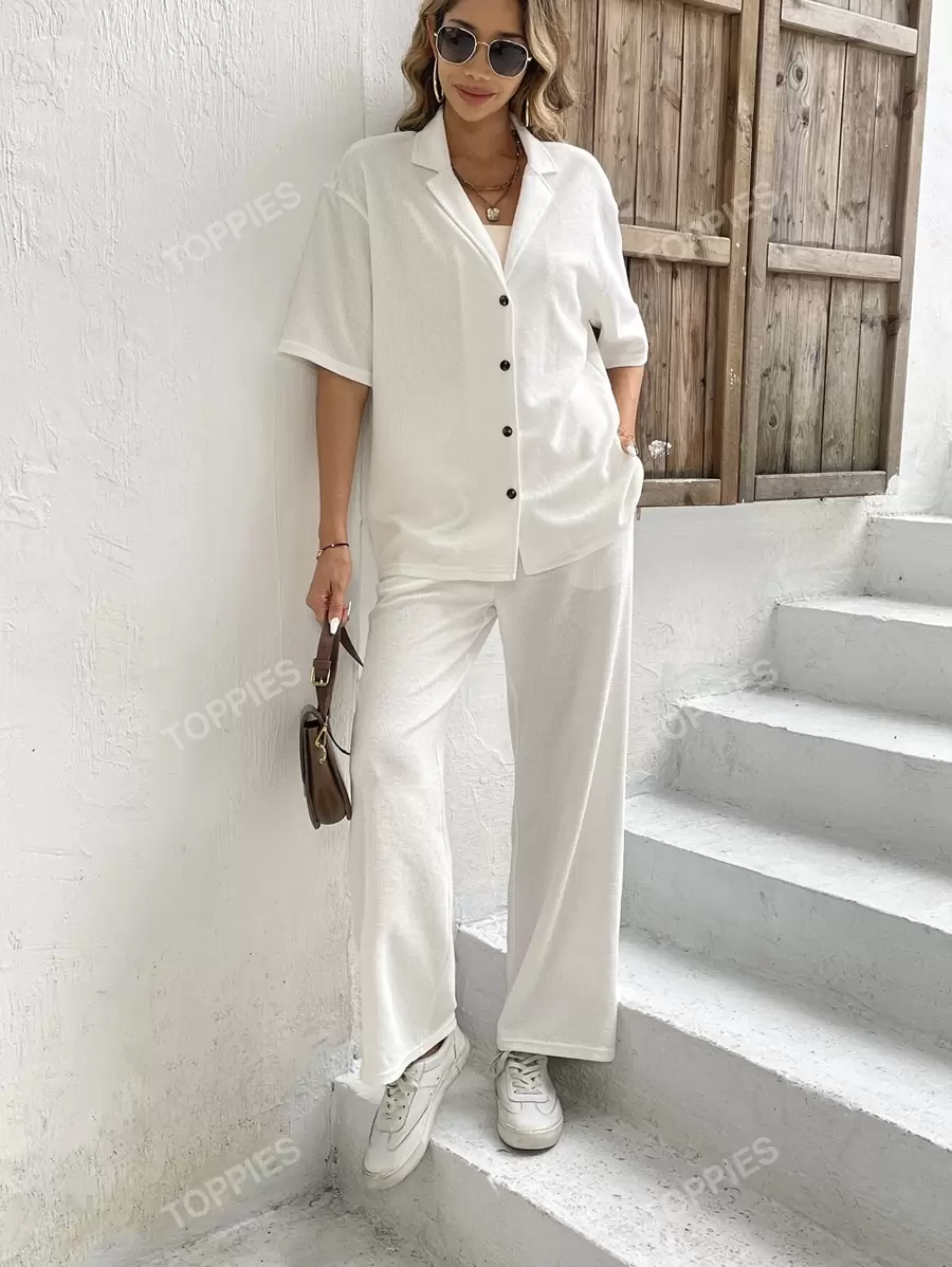 Solid Button Front Shirt & Wide Leg Pants