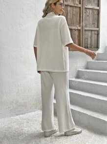 Solid Button Front Shirt & Wide Leg Pants
