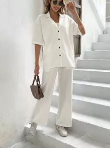 Solid Button Front Shirt & Wide Leg Pants