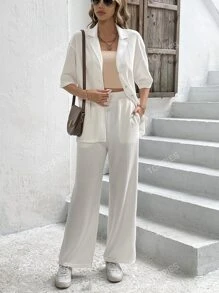 Solid Button Front Shirt & Wide Leg Pants