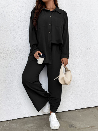 Elenzga Plus Pocket Front Drop Shoulder Shirt & Wide Leg Pants Fall Cloth For Women