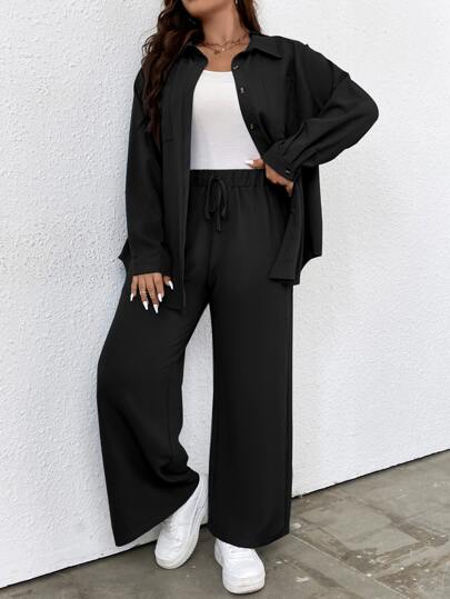 Elenzga Plus Pocket Front Drop Shoulder Shirt & Wide Leg Pants Fall Cloth For Women