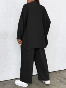 SHEIN LUNE Plus Solid Button Front Shirt & Paperbag Waist Wide Leg Pants