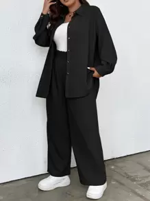 SHEIN LUNE Plus Solid Button Front Shirt & Paperbag Waist Wide Leg Pants