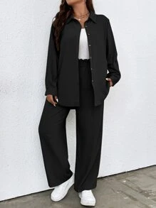 SHEIN LUNE Plus Solid Button Front Shirt & Paperbag Waist Wide Leg Pants