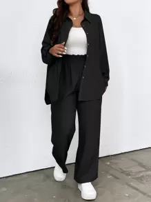 SHEIN LUNE Plus Solid Button Front Shirt & Paperbag Waist Wide Leg Pants