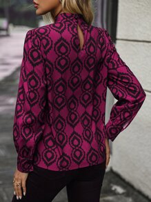 SHEIN Clasi Allover Print Keyhole Neckline Puff Sleeve Blouse - Hot Pink - View 2