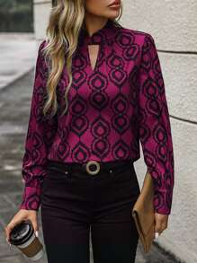 SHEIN Clasi Allover Print Keyhole Neckline Puff Sleeve Blouse - Hot Pink - View 3