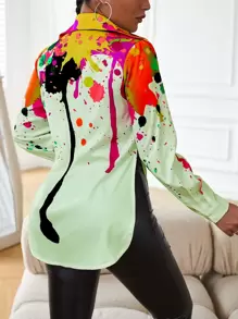 SHEIN LUNE Splash Painting Print Split Side Shirt - Mint Green - View 2