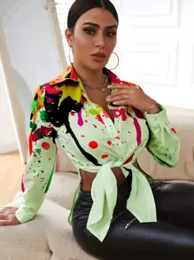 SHEIN LUNE Splash Painting Print Split Side Shirt - Mint Green - View 5