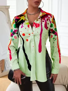 SHEIN LUNE Splash Painting Print Split Side Shirt - Mint Green - View 6