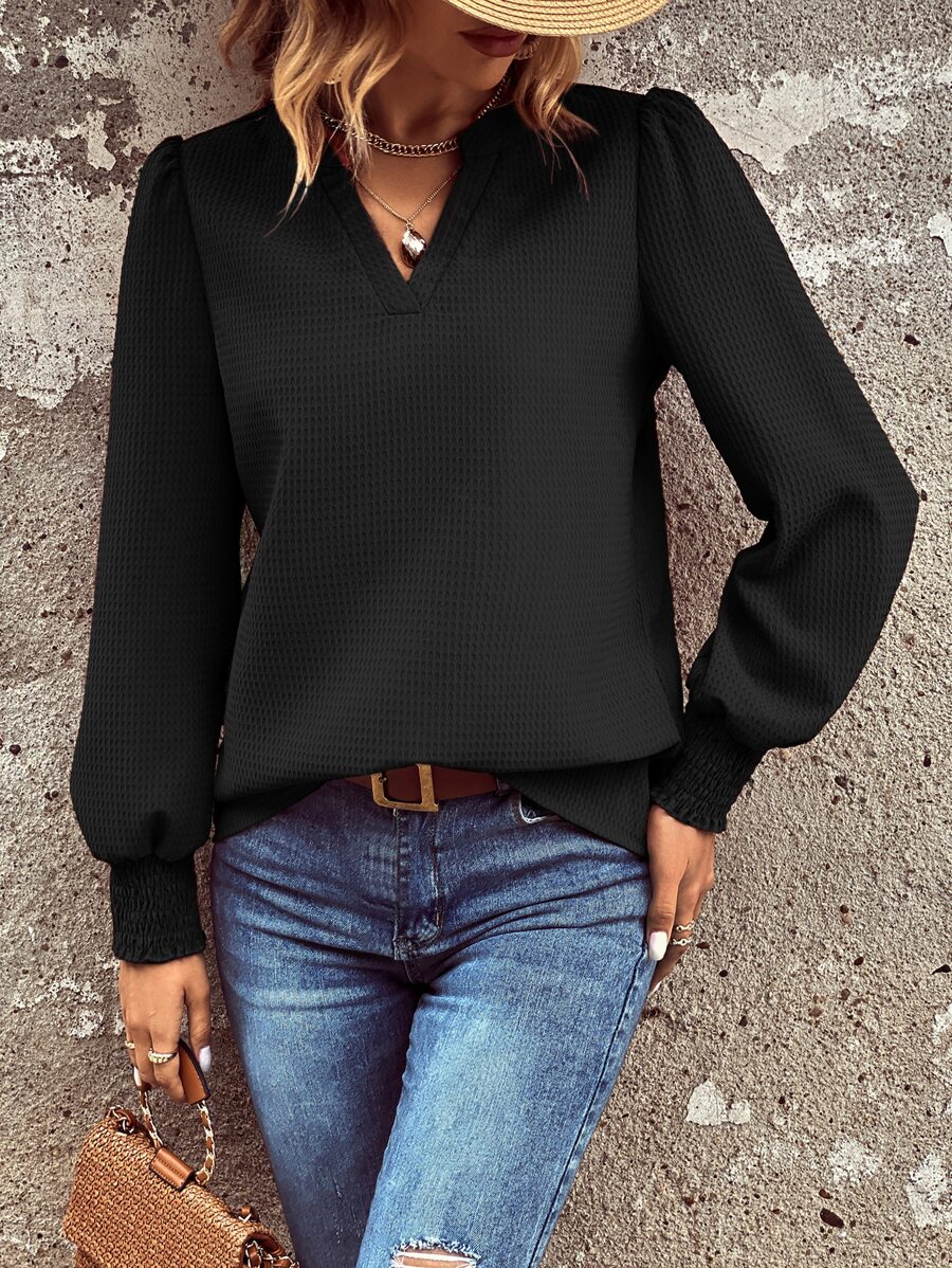 SHEIN Clasi Notched Neckline Lantern Sleeve Blouse - Black - View 1