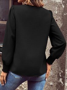 SHEIN Clasi Notched Neckline Lantern Sleeve Blouse - Black - View 2