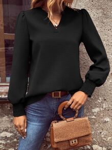 SHEIN Clasi Notched Neckline Lantern Sleeve Blouse - Black - View 3