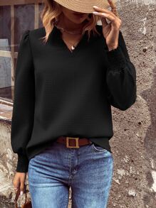 SHEIN Clasi Notched Neckline Lantern Sleeve Blouse - Black - View 4