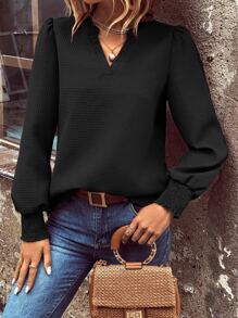 SHEIN Clasi Notched Neckline Lantern Sleeve Blouse - Black - View 6