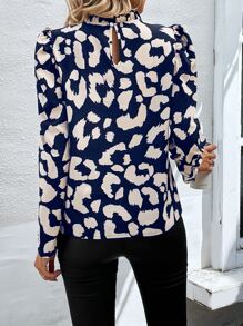 SHEIN Clasi Leopard Print Frill Mock Neck Puff Sleeve Blouse - Navy Blue - View 2