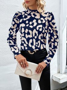 SHEIN Clasi Leopard Print Frill Mock Neck Puff Sleeve Blouse - Navy Blue - View 3