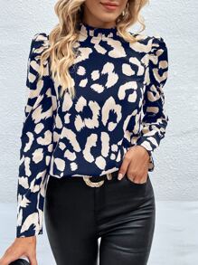 SHEIN Clasi Leopard Print Frill Mock Neck Puff Sleeve Blouse - Navy Blue - View 4