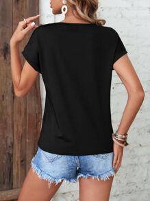 SHEIN LUNE Contrast Lace Batwing Sleeve Tee - Black - View 2