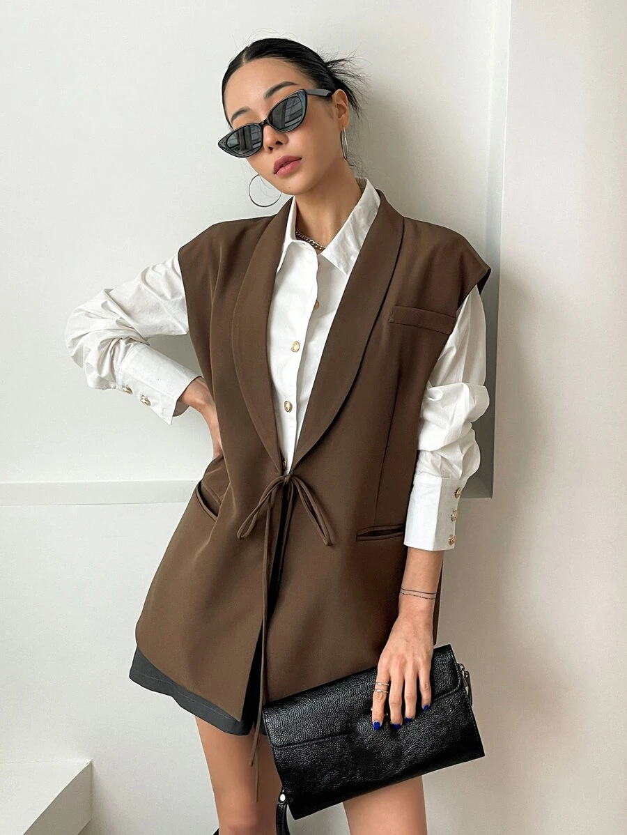 DAZY Solid Color Lapel Collar Business Casual Waistcoat,Fall Clothes - Coffee Brown - View 1