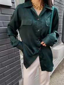DAZY 翻蓋細節落肩袖襯衫 - 墨綠色 - 查看 3