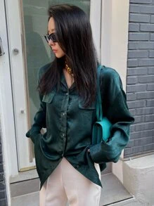 DAZY 翻蓋細節落肩袖襯衫 - 墨綠色 - 查看 1