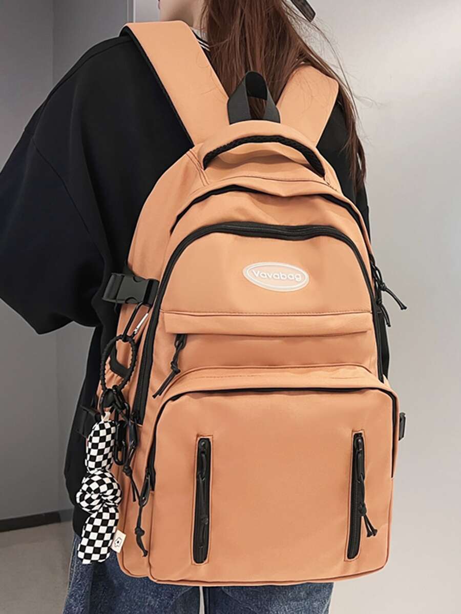 Letter Patch Functional Backpack With Bag Charm - Orange - View 1