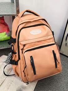 Letter Patch Functional Backpack With Bag Charm - Orange - View 3