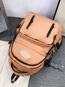 Letter Patch Functional Backpack With Bag Charm - Orange - View 4