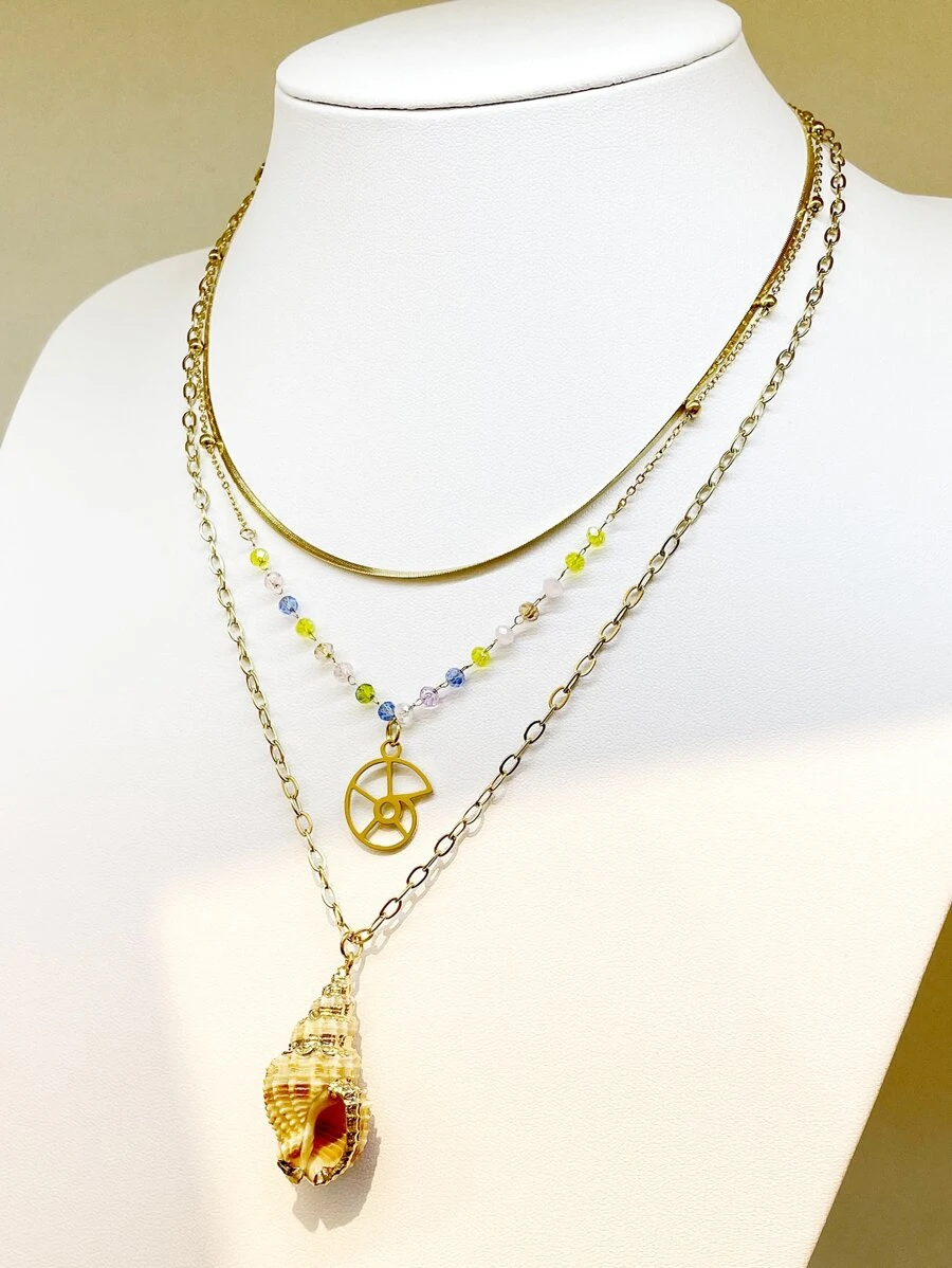 Bead Decor Conch Charm Layered Necklace - Yellow Gold - View 1