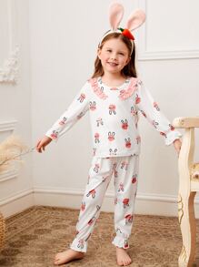Toddler Girls Cartoon Rabbit Print Ruffle Trim PJ Set - White - View 1