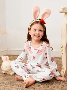 Toddler Girls Cartoon Rabbit Print Ruffle Trim PJ Set - White - View 3