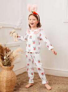 Toddler Girls Cartoon Rabbit Print Ruffle Trim PJ Set - White - View 5