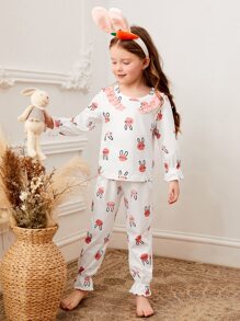 Toddler Girls Cartoon Rabbit Print Ruffle Trim PJ Set - White - View 6