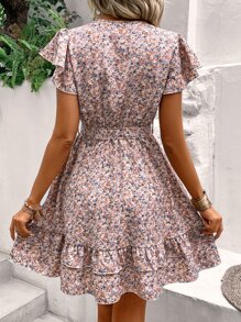 SHEIN Holidaya Vestido con estampado floral de manga mariposa bajo con fruncido - Rosa vieja - Ver 2