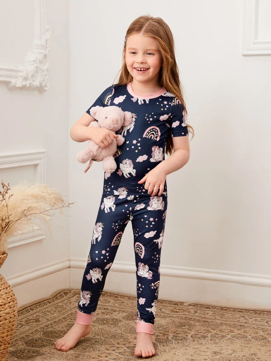 Toddler Girls Cartoon Unicorn Print Snug Fit PJ Set - Navy Blue - View 1