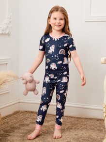 Toddler Girls Cartoon Unicorn Print Snug Fit PJ Set - Navy Blue - View 3
